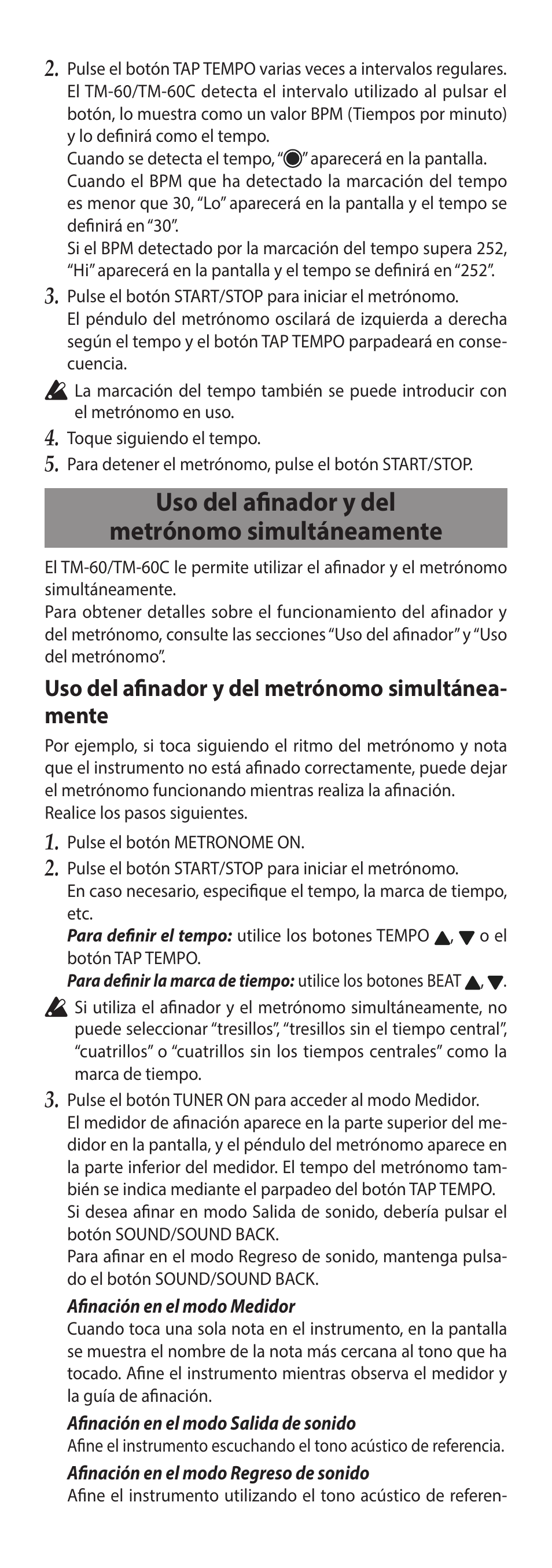 Uso del afinador y del metrónomo simultáneamente, Uso del afinador y del metrónomo simultánea- mente | KORG TM-60 Combo Tuner Metronome (White) User Manual | Page 26 / 33