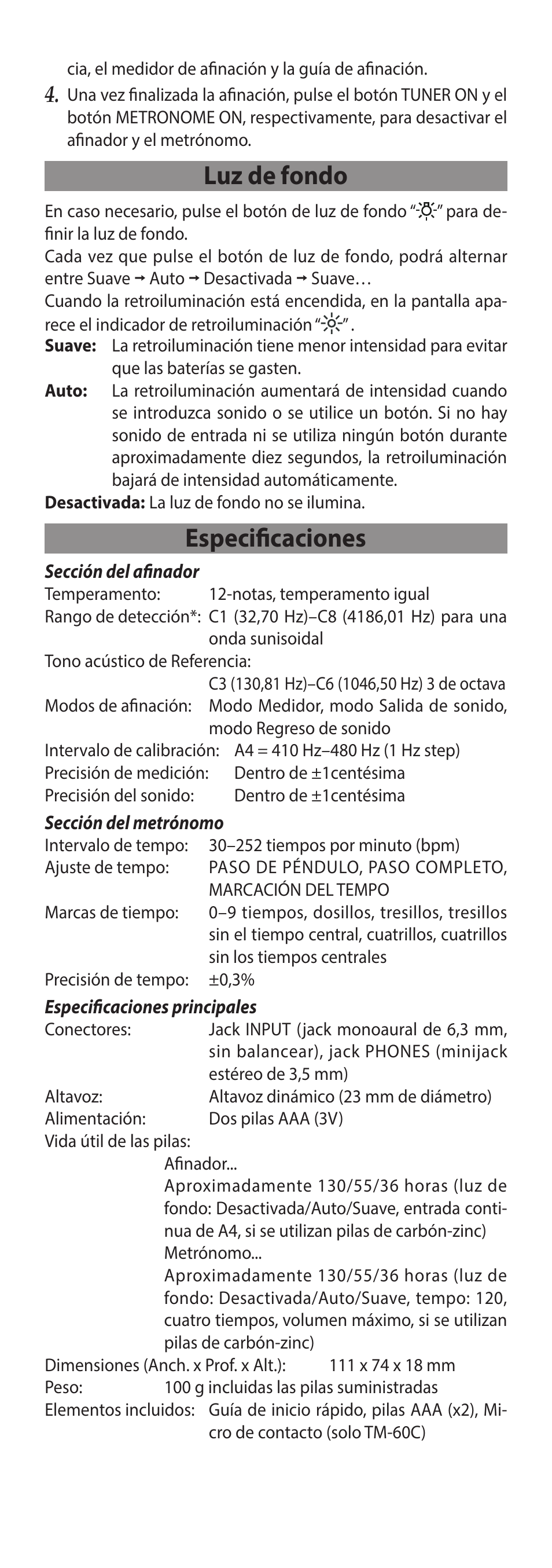 Luz de fondo, Especificaciones | KORG TM-60 Combo Tuner Metronome (White) User Manual | Page 27 / 33