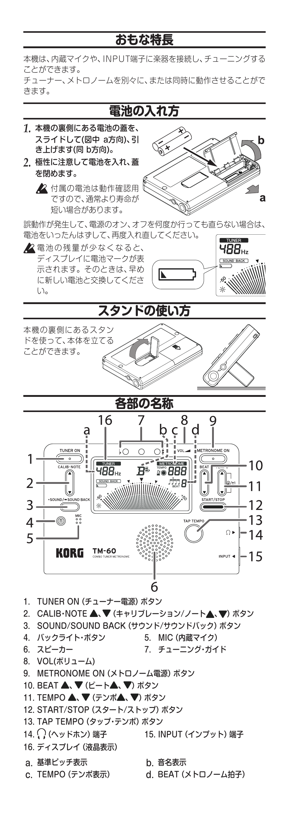 おもな特長, 電池の入れ方, スタンドの使い方 | 各部の名称, P.29) | KORG TM-60 Combo Tuner Metronome (White) User Manual | Page 29 / 33