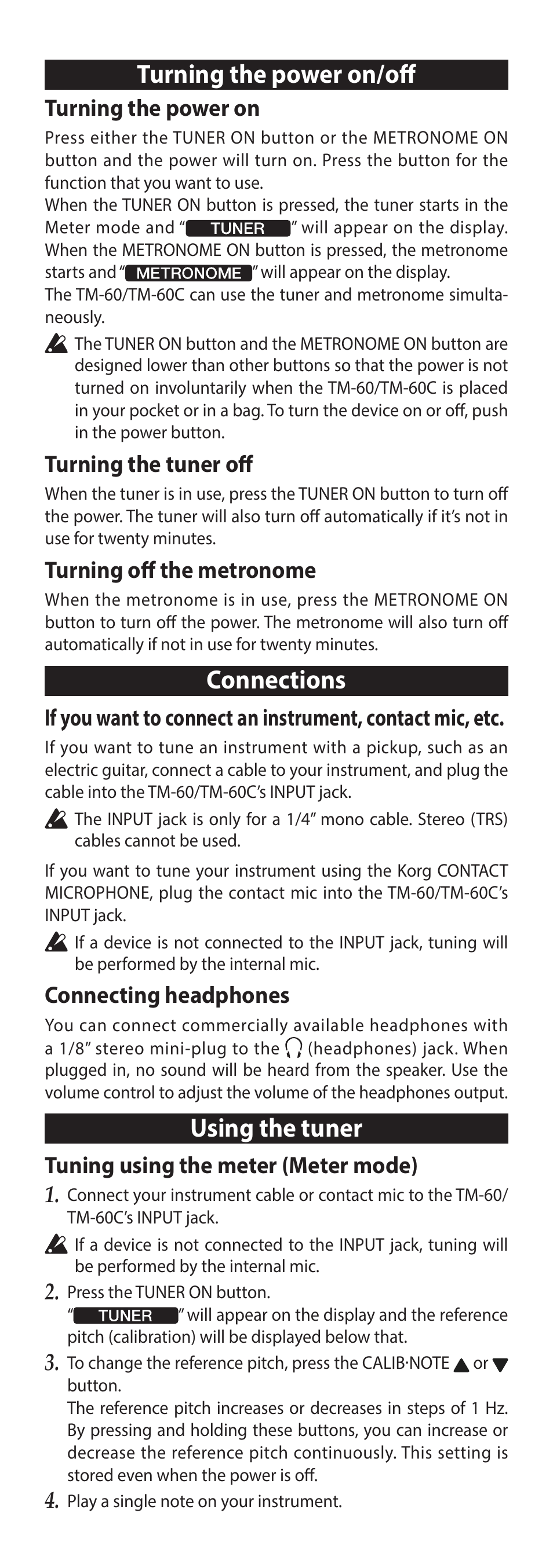 Turning the power on/off, Connections, Using the tuner | Turning the power on, Turning the tuner off, Turning off the metronome, Connecting headphones, Tuning using the meter (meter mode) | KORG TM-60 Combo Tuner Metronome (White) User Manual | Page 3 / 33