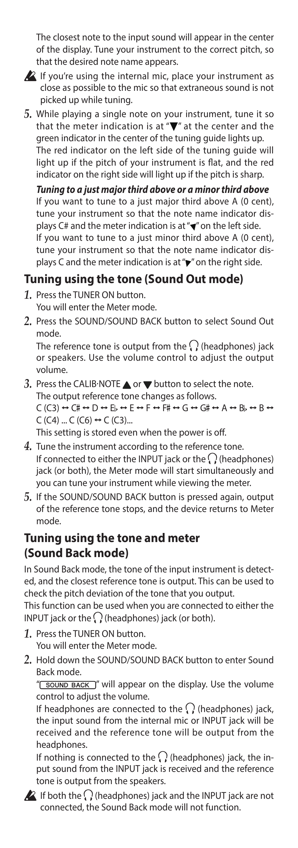 Tuning using the tone (sound out mode), Tuning using the tone and meter (sound back mode) | KORG TM-60 Combo Tuner Metronome (White) User Manual | Page 4 / 33