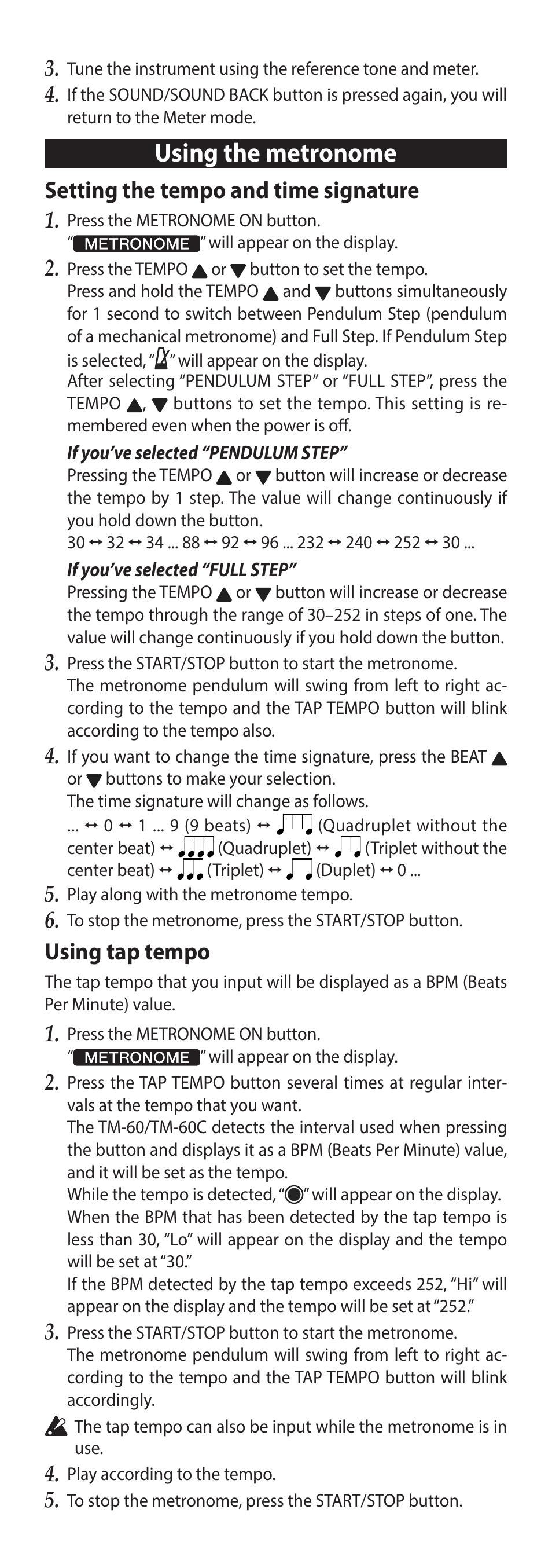 Using the metronome, Setting the tempo and time signature, Using tap tempo | KORG TM-60 Combo Tuner Metronome (White) User Manual | Page 5 / 33