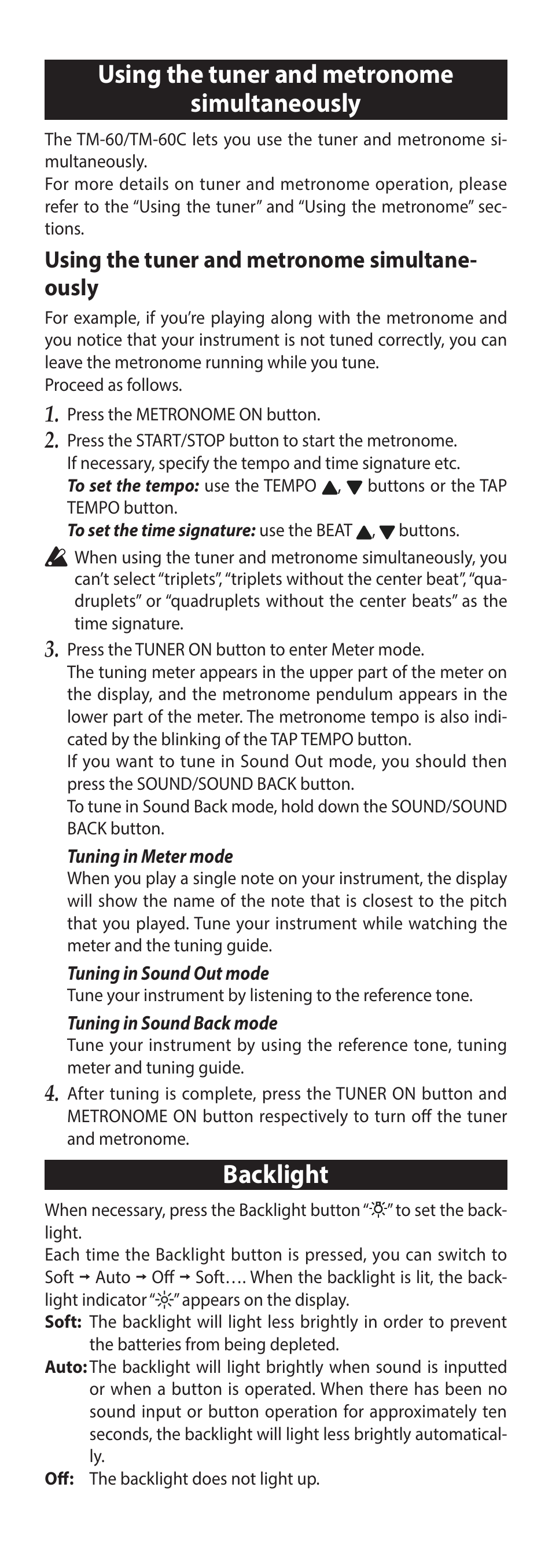 Using the tuner and metronome simultaneously, Backlight, Using the tuner and metronome simultane- ously | KORG TM-60 Combo Tuner Metronome (White) User Manual | Page 6 / 33