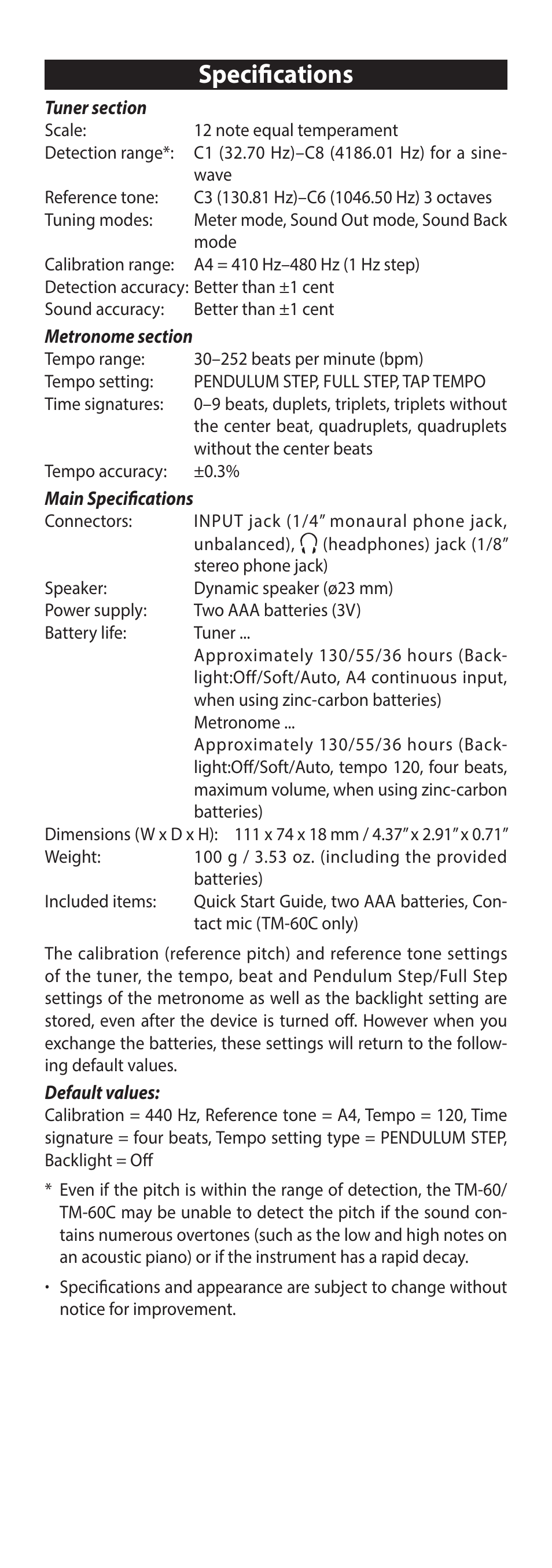 Specifications | KORG TM-60 Combo Tuner Metronome (White) User Manual | Page 7 / 33