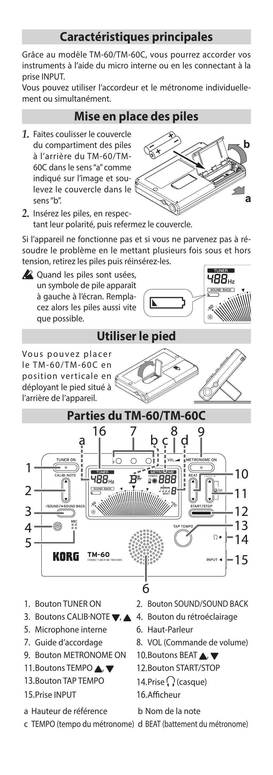 Français, Caractéristiques principales, Mise en place des piles | Utiliser le pied, Parties du tm-60/tm-60c, P.8) | KORG TM-60 Combo Tuner Metronome (White) User Manual | Page 8 / 33