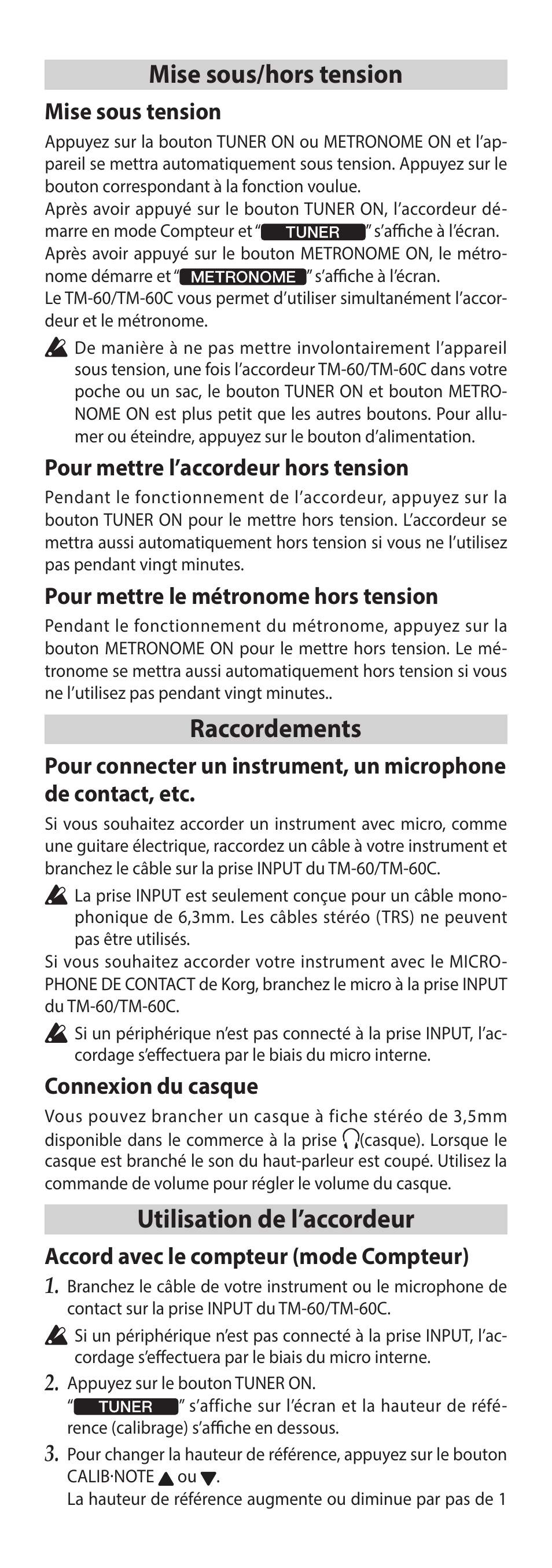 Mise sous/hors tension, Raccordements, Utilisation de l’accordeur | Mise sous tension, Pour mettre l’accordeur hors tension, Pour mettre le métronome hors tension, Connexion du casque, Accord avec le compteur (mode compteur) | KORG TM-60 Combo Tuner Metronome (White) User Manual | Page 9 / 33