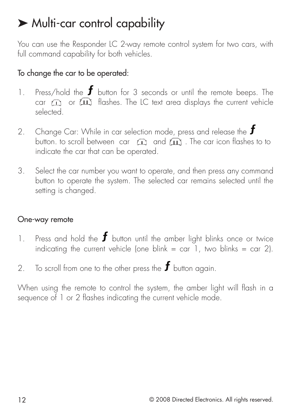 Multi-car control capability, Button. to scroll between car | Directed Electronics 20.7 User Manual | Page 12 / 52