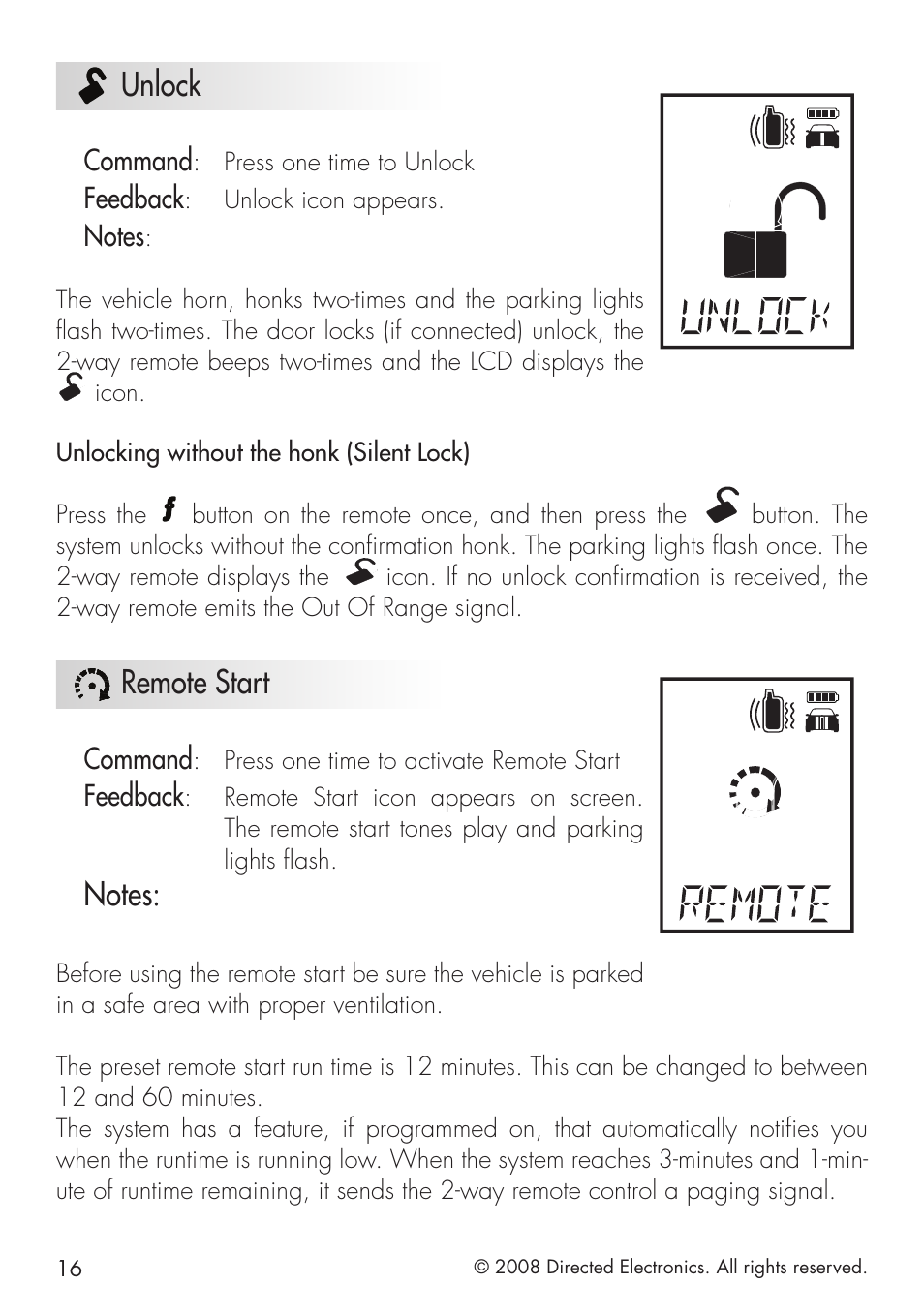 Unlock, Remote start, Command | Feedback | Directed Electronics 20.7 User Manual | Page 16 / 52