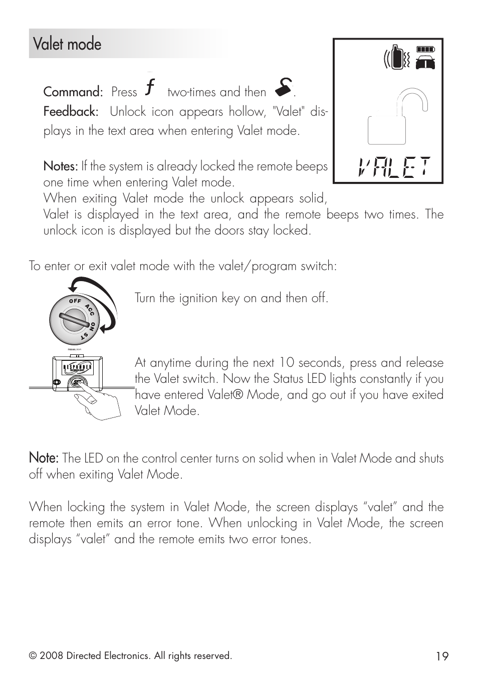 Valet mode, Command: press, Two-times and then | 2008 directed electronics. all rights reserved | Directed Electronics 20.7 User Manual | Page 19 / 52
