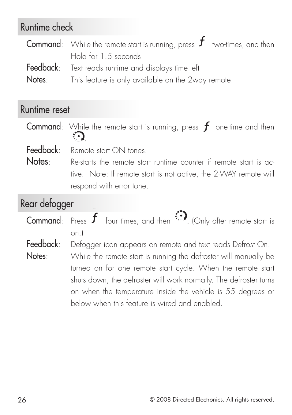 Runtime check, Runtime reset, Rear defogger | Command, Feedback | Directed Electronics 20.7 User Manual | Page 26 / 52