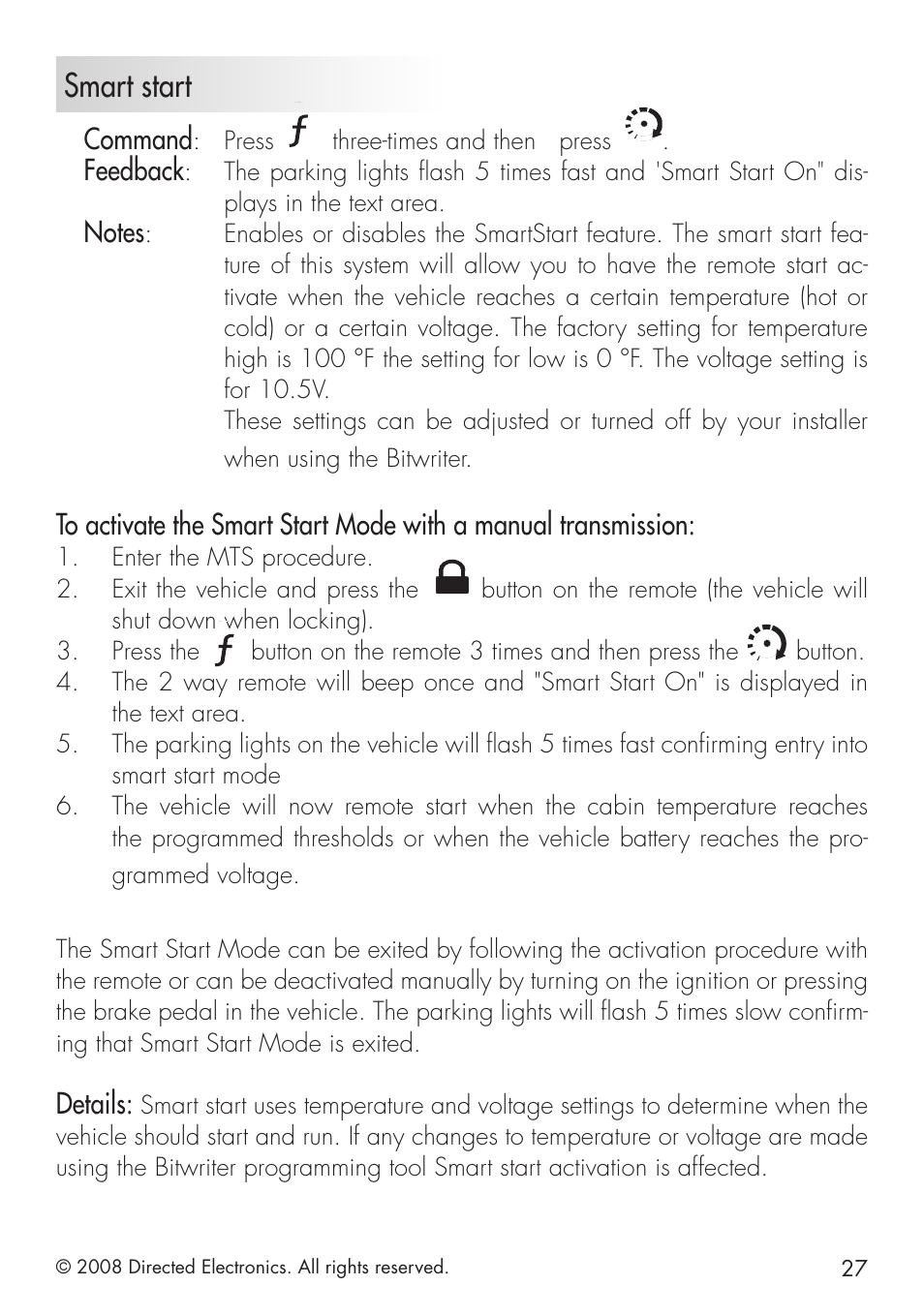 Smart start, Command, Feedback | Details | Directed Electronics 20.7 User Manual | Page 27 / 52