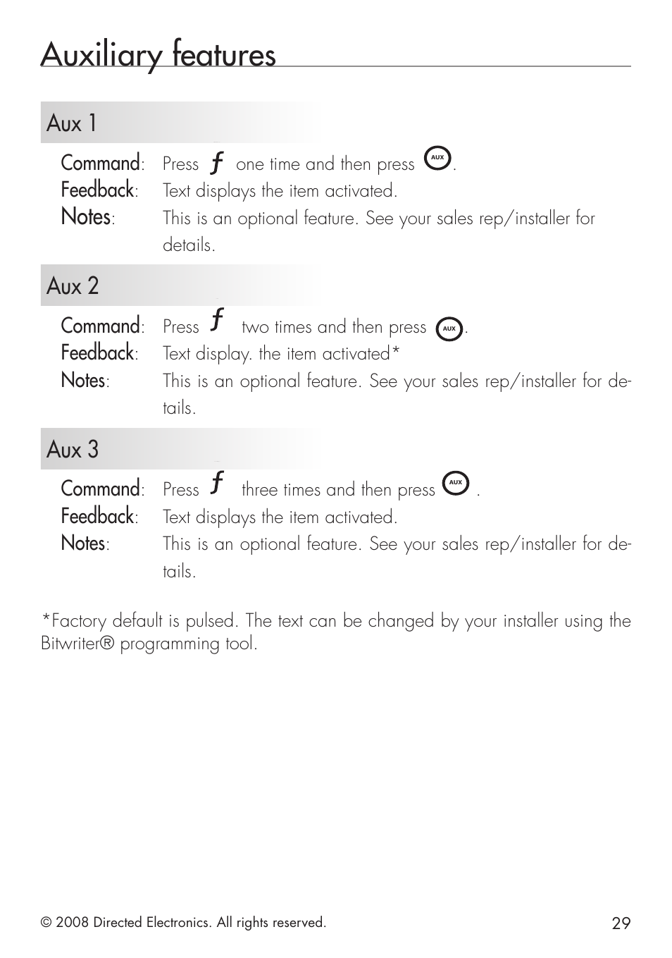 Auxiliary features, Aux 1, Aux 2 | Aux 3, Command, Feedback | Directed Electronics 20.7 User Manual | Page 29 / 52