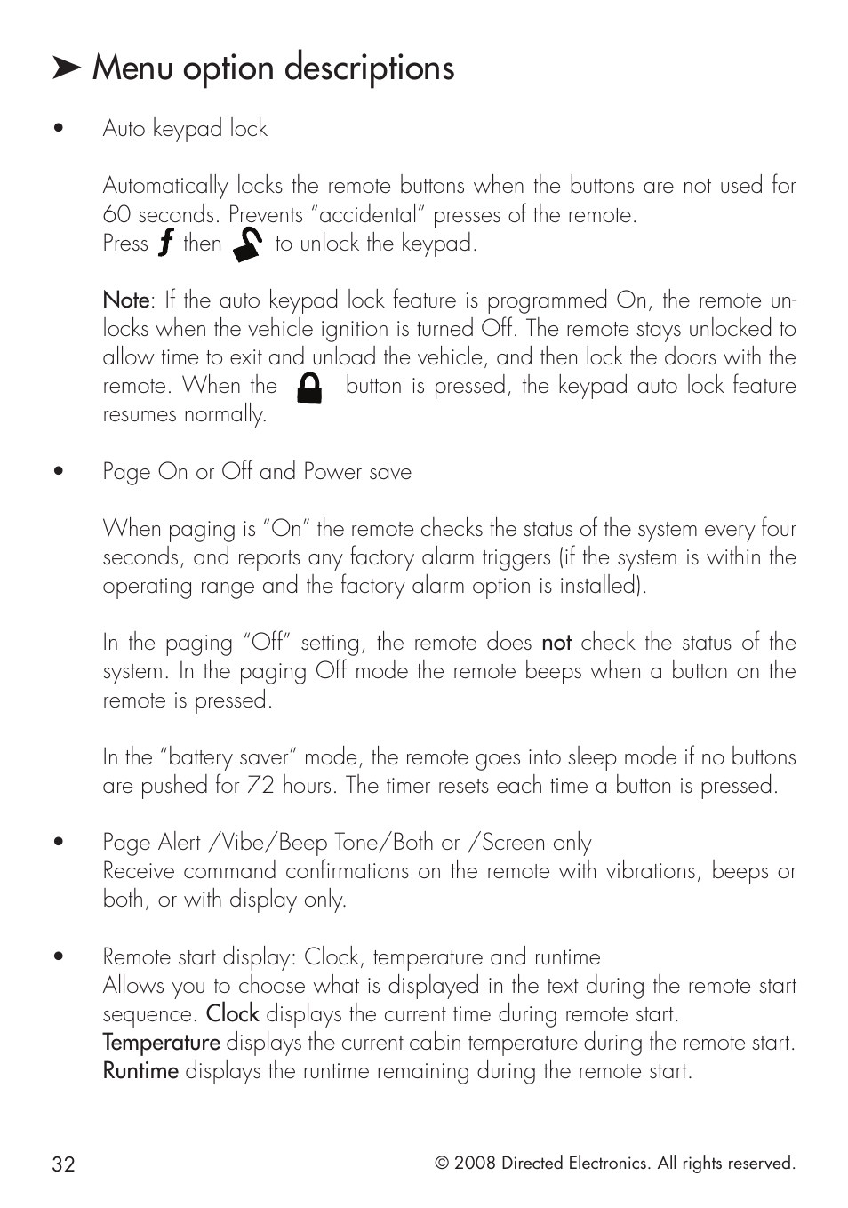 Menu option descriptions | Directed Electronics 20.7 User Manual | Page 32 / 52