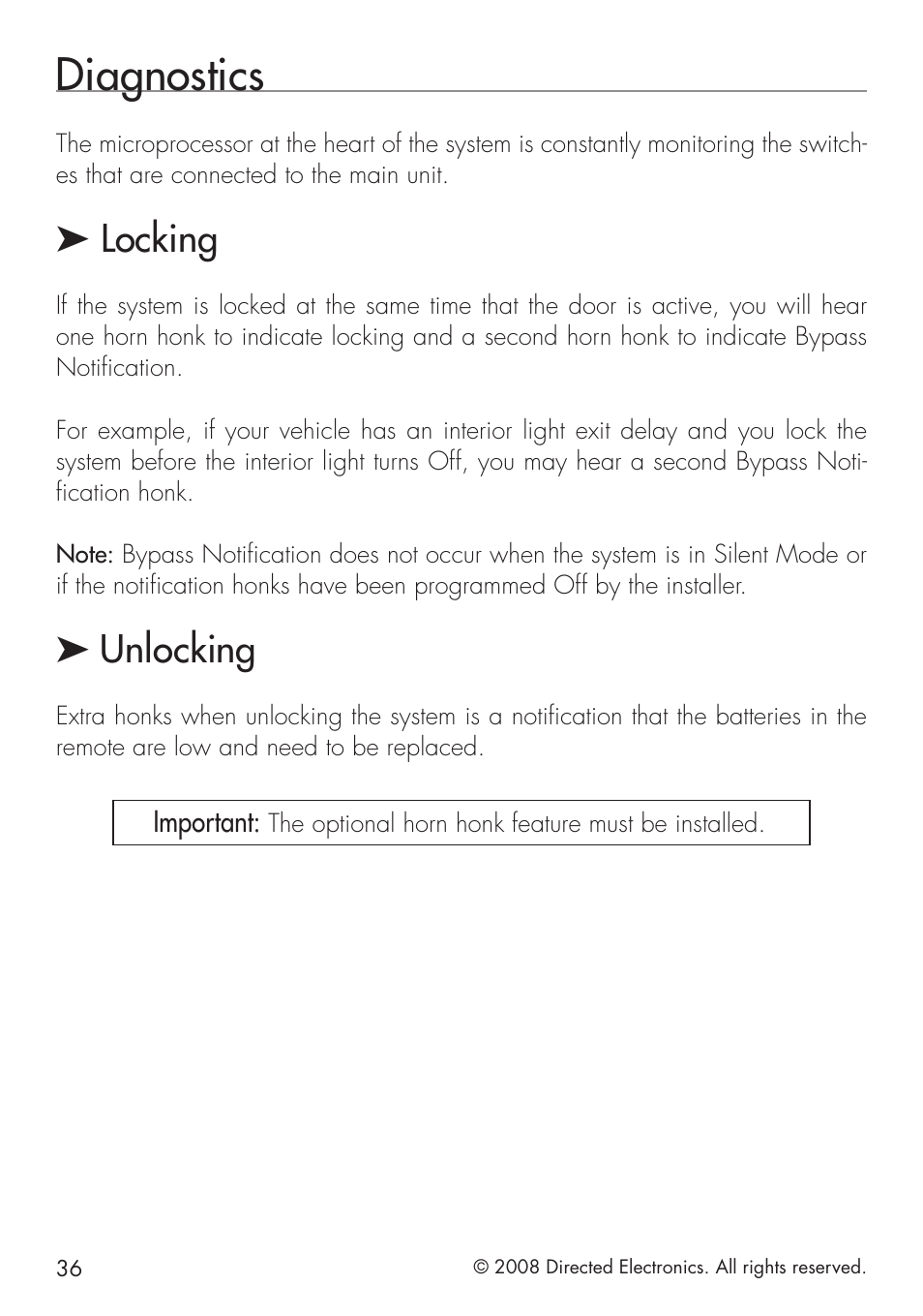 Diagnostics, Locking, Unlocking | Directed Electronics 20.7 User Manual | Page 36 / 52