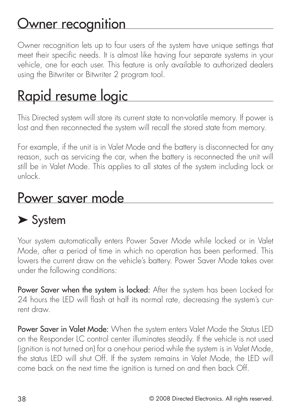 Owner recognition, Rapid resume logic, Power saver mode | System | Directed Electronics 20.7 User Manual | Page 38 / 52
