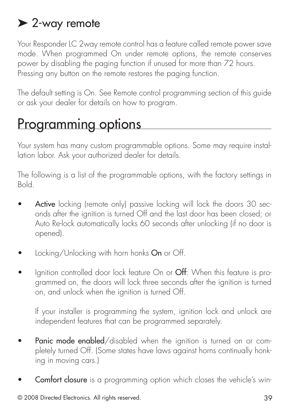 Programming options, Way remote | Directed Electronics 20.7 User Manual | Page 39 / 52