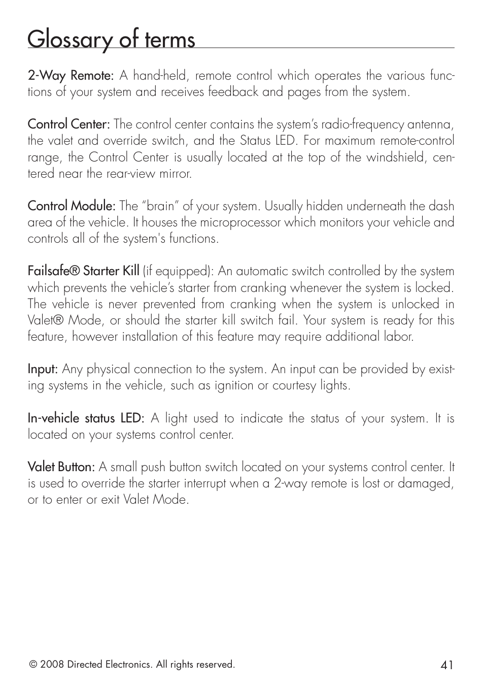 Glossary of terms | Directed Electronics 20.7 User Manual | Page 41 / 52