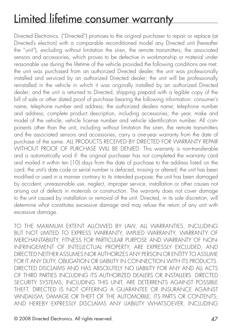 Limited lifetime consumer warranty | Directed Electronics 20.7 User Manual | Page 47 / 52