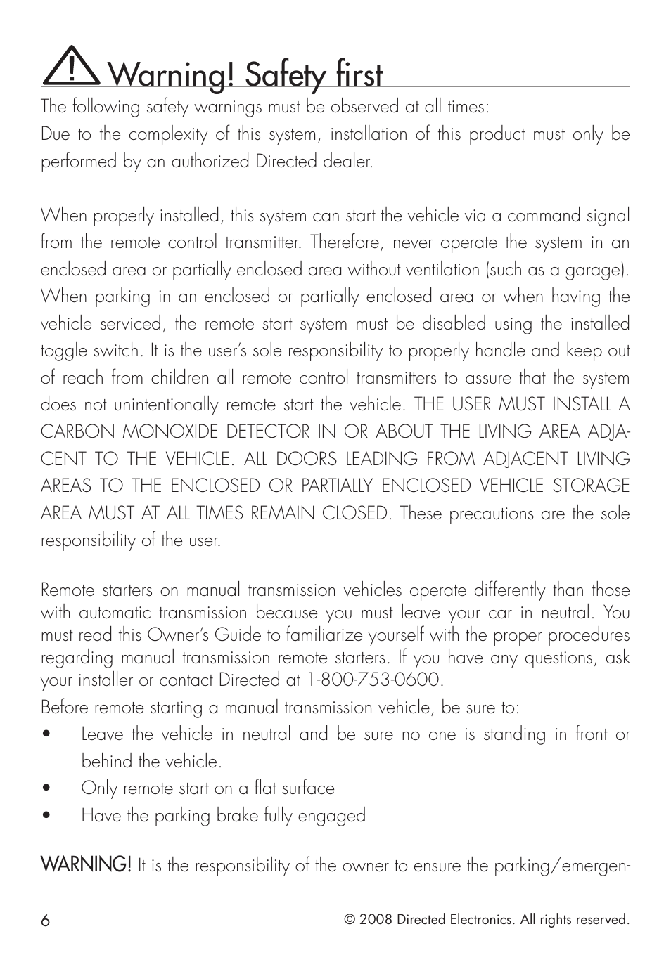 Warning! safety first | Directed Electronics 20.7 User Manual | Page 6 / 52