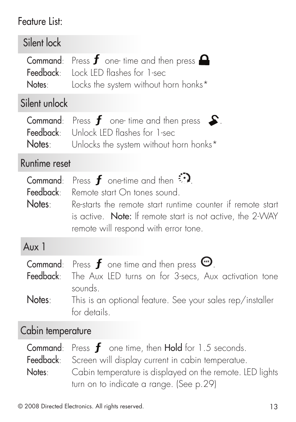Feature list: silent lock, Silent unlock, Runtime reset | Aux 1, Cabin temperature, Command, Press, One- time and then press, Feedback, Locks the system without horn honks | Directed Electronics 580 User Manual | Page 13 / 44