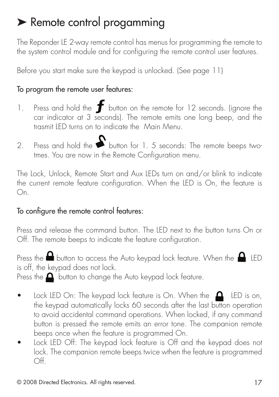 Remote control progamming | Directed Electronics 580 User Manual | Page 17 / 44