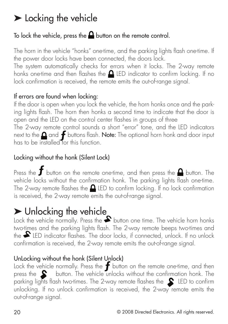 Locking the vehicle, Unlocking the vehicle | Directed Electronics 580 User Manual | Page 20 / 44