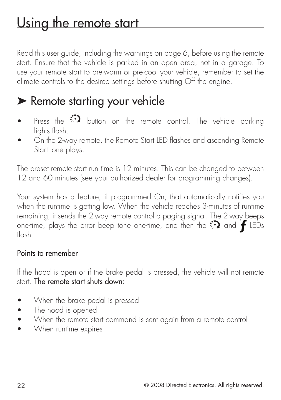 Using the remote start, Remote starting your vehicle | Directed Electronics 580 User Manual | Page 22 / 44
