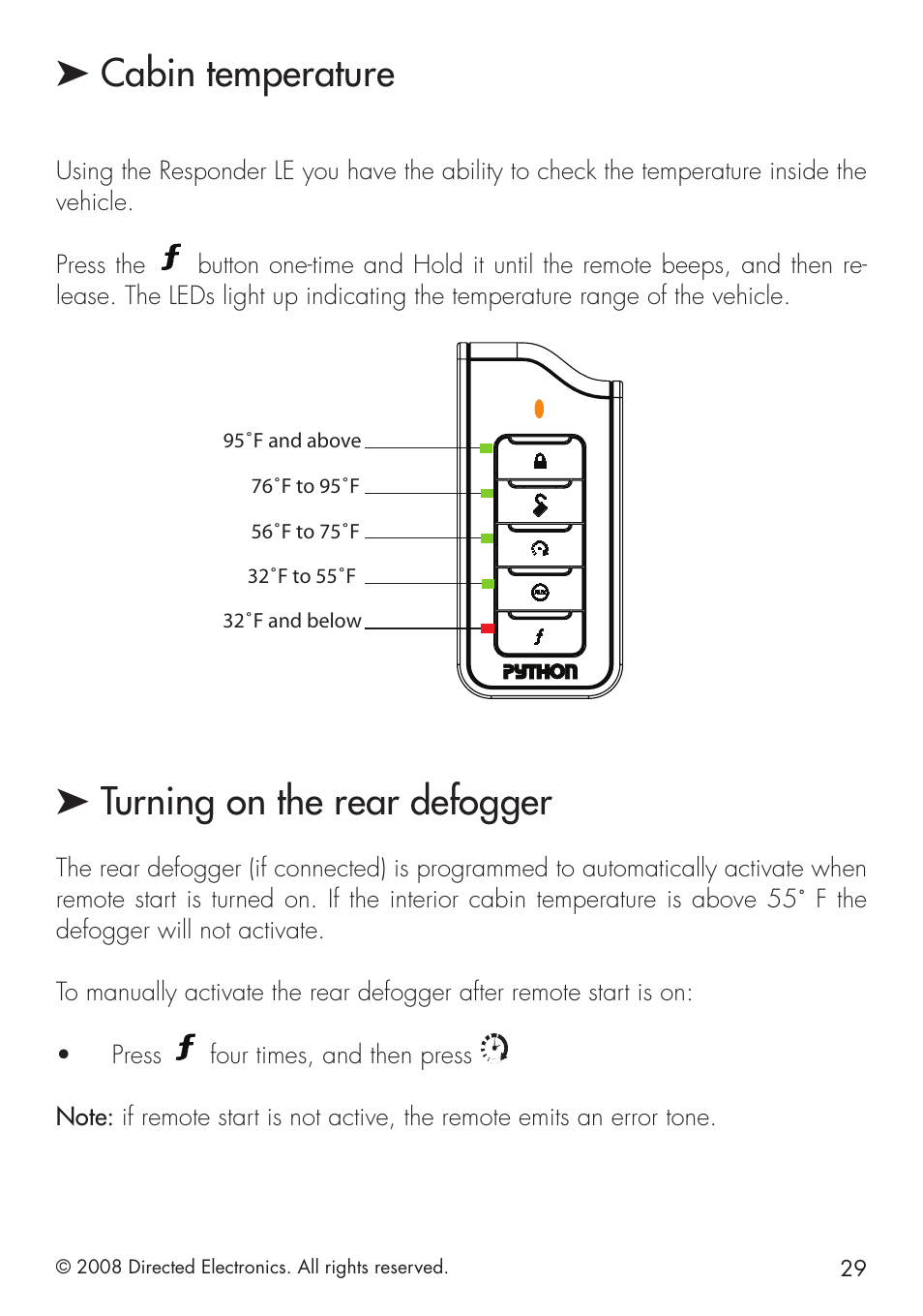 Cabin temperature, Turning on the rear defogger | Directed Electronics 580 User Manual | Page 29 / 44