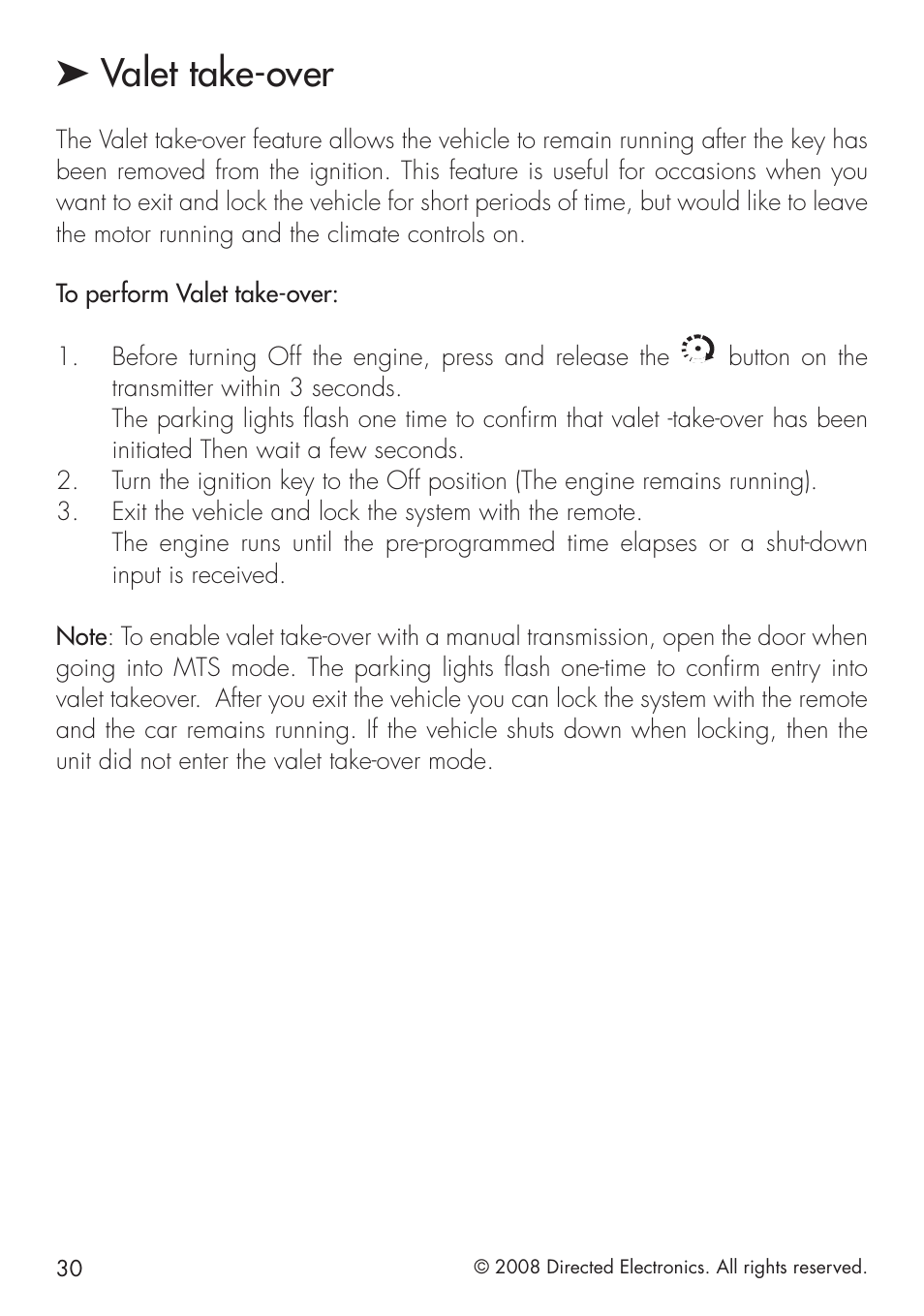 Valet take-over | Directed Electronics 580 User Manual | Page 30 / 44