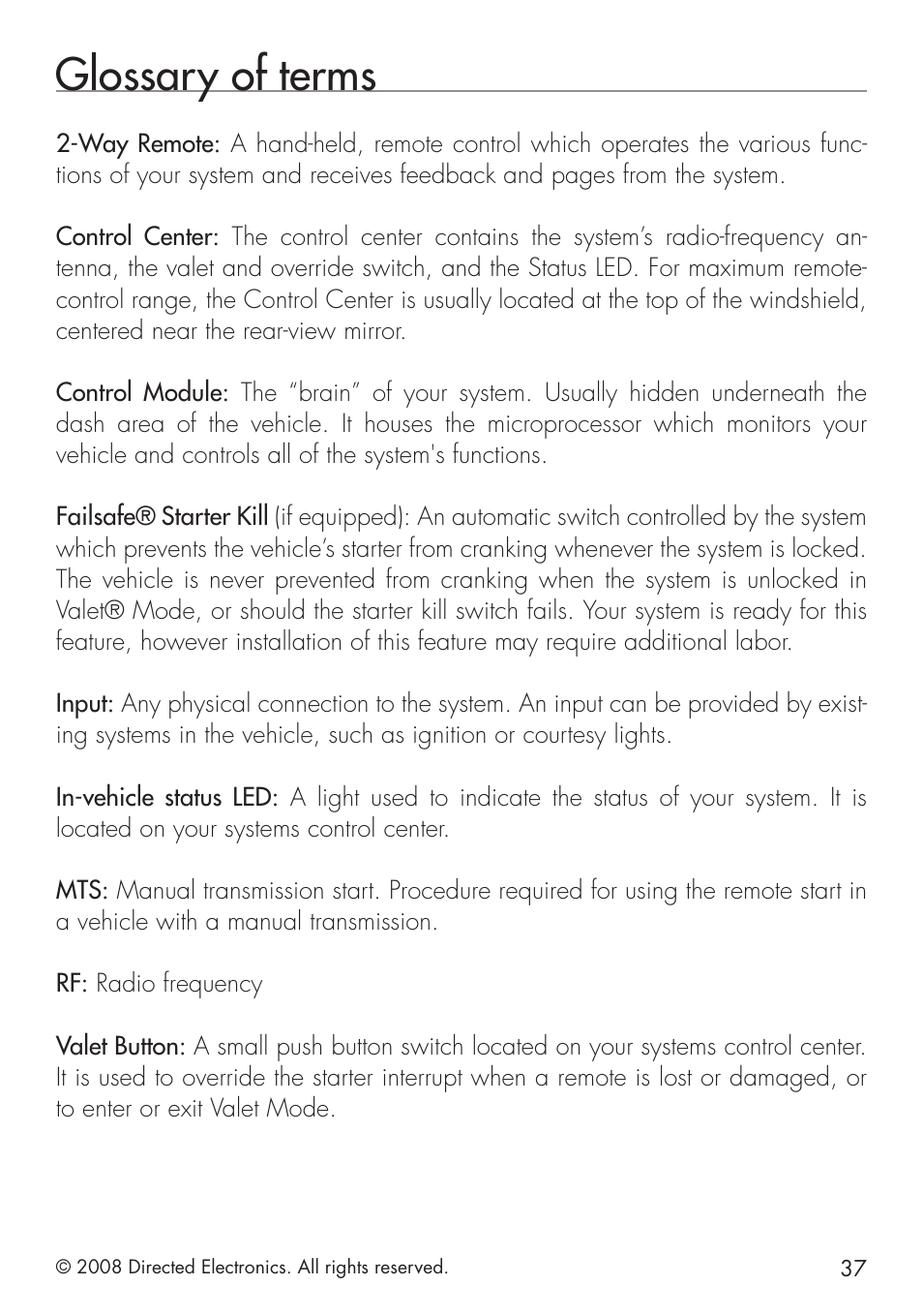Glossary of terms | Directed Electronics 580 User Manual | Page 37 / 44