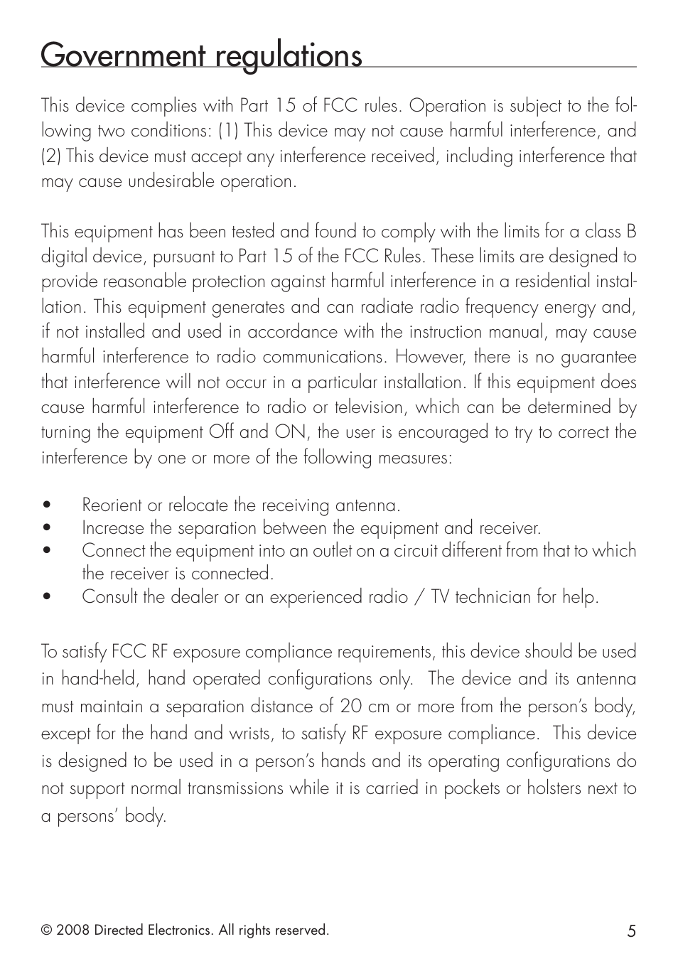 Government regulations | Directed Electronics 580 User Manual | Page 5 / 44