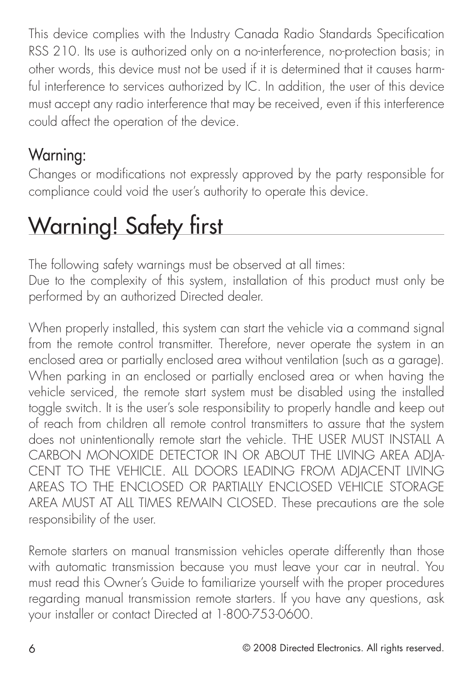 Warning! safety first, Warning | Directed Electronics 580 User Manual | Page 6 / 44