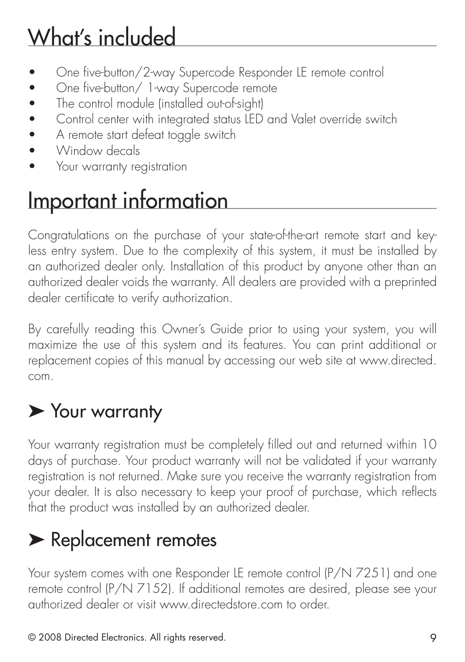 What’s included, Important information, Your warranty | Replacement remotes | Directed Electronics 580 User Manual | Page 9 / 44