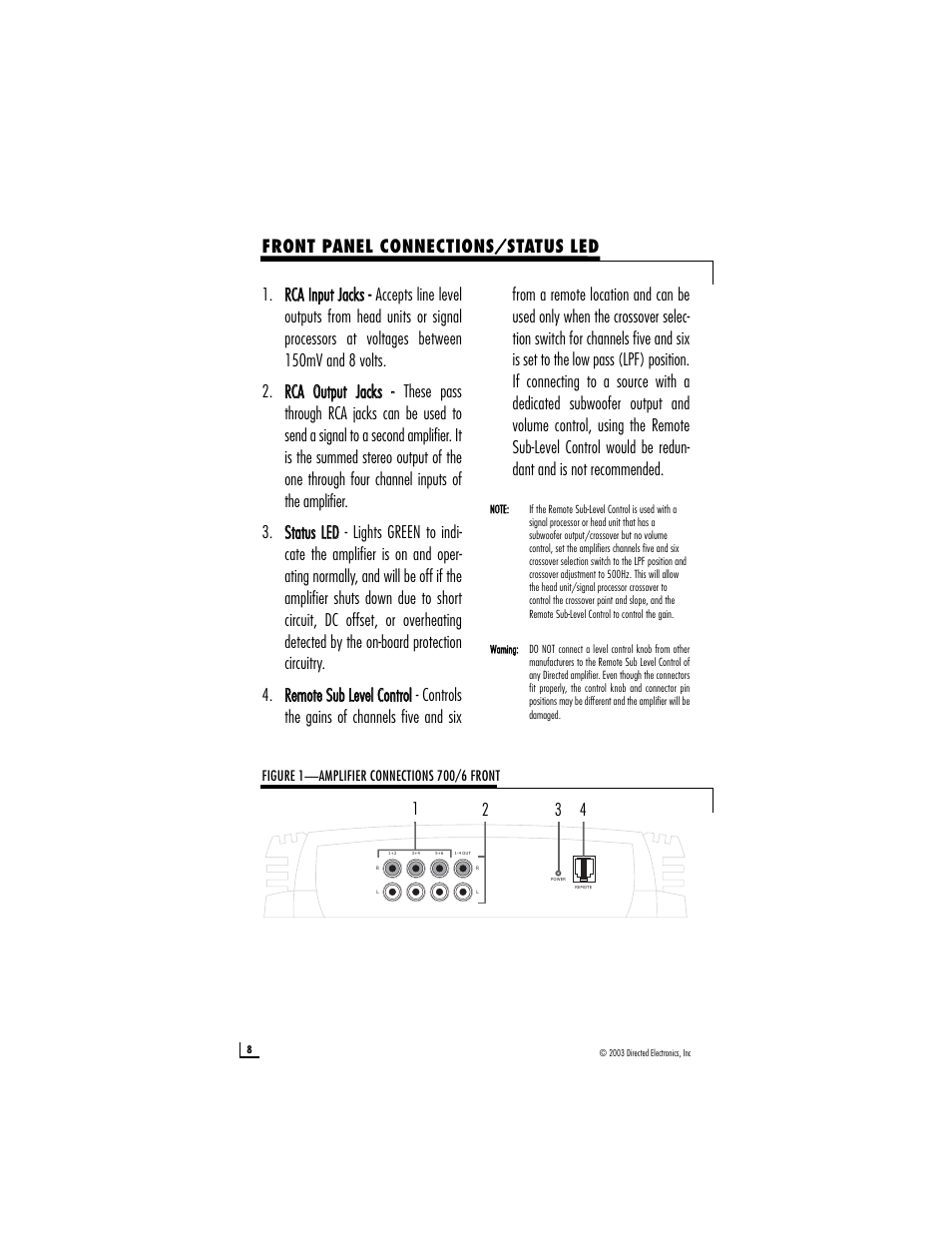 Front panel connections/status led | Directed Electronics 6 User Manual | Page 8 / 15