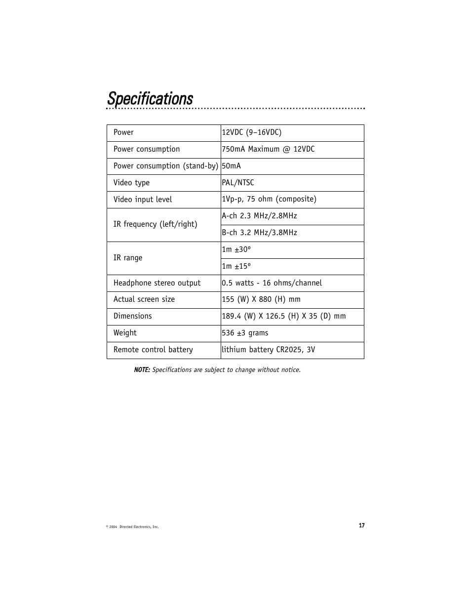 Ssppeecciiffiiccaattiioonnss | Directed Electronics HVM702 User Manual | Page 17 / 20