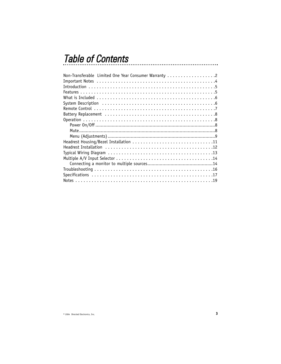 Ttaabbllee ooff c coonntteennttss | Directed Electronics HVM702 User Manual | Page 3 / 20