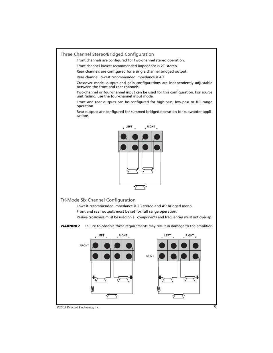 Three channel stereo/bridged configuration, Tri-mode six channel configuration | Directed Electronics ORION 8004 User Manual | Page 10 / 18