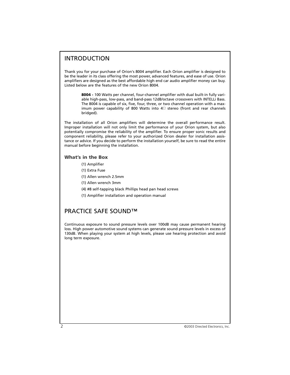 Introduction, Practice safe sound | Directed Electronics ORION 8004 User Manual | Page 3 / 18