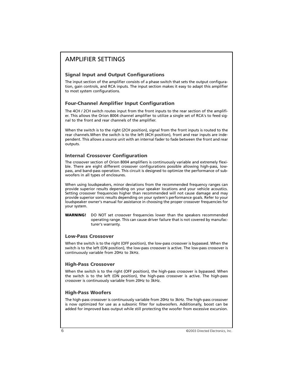Amplifier settings | Directed Electronics ORION 8004 User Manual | Page 7 / 18
