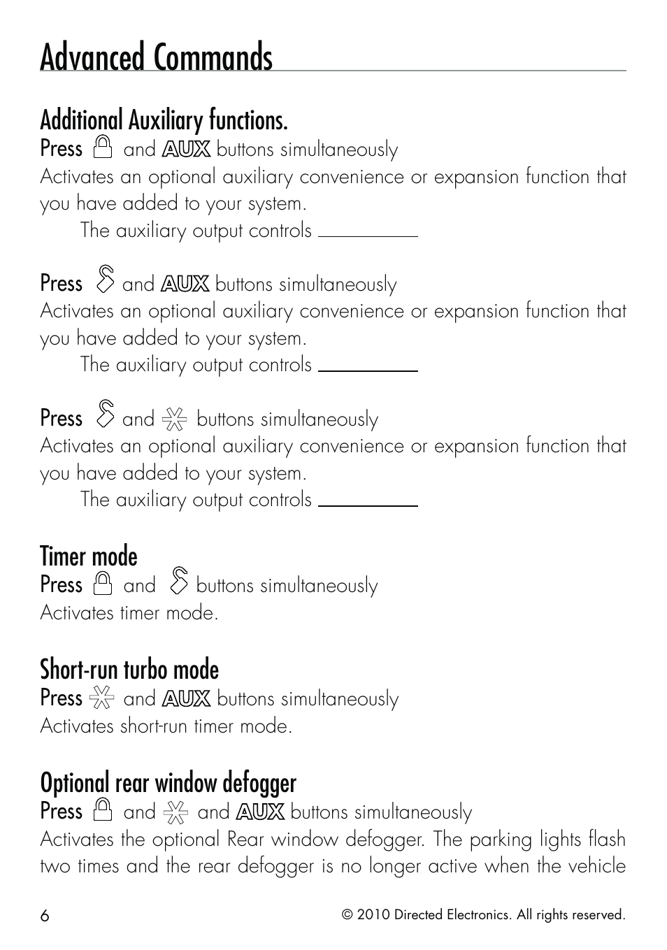 Advanced commands, Additional auxiliary functions, Timer mode | Short-run turbo mode, Optional rear window defogger | Directed Electronics SMARTSTART 5000 User Manual | Page 10 / 36