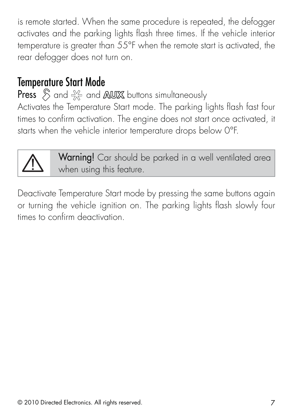 Temperature start mode, Press, Warning | Directed Electronics SMARTSTART 5000 User Manual | Page 11 / 36