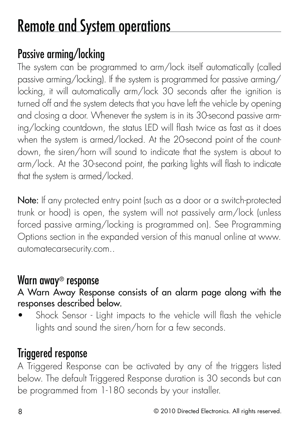 Remote and system operations, Passive arming/locking, Warn away | Response, Triggered response | Directed Electronics SMARTSTART 5000 User Manual | Page 12 / 36