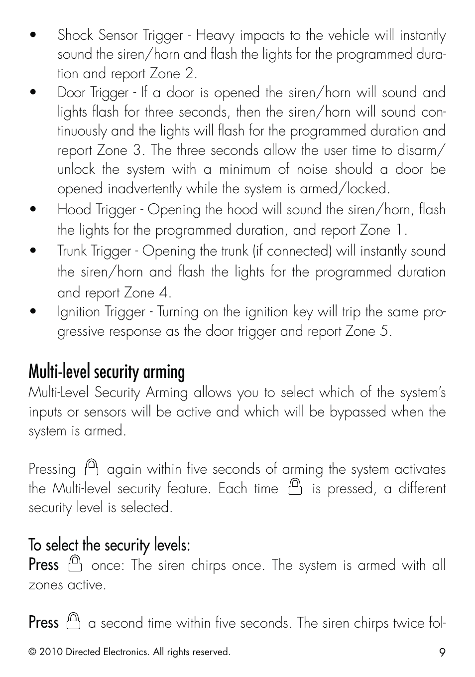 Multi-level security arming, Press | Directed Electronics SMARTSTART 5000 User Manual | Page 13 / 36