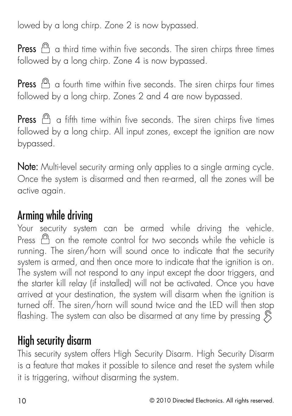 Arming while driving, High security disarm | Directed Electronics SMARTSTART 5000 User Manual | Page 14 / 36