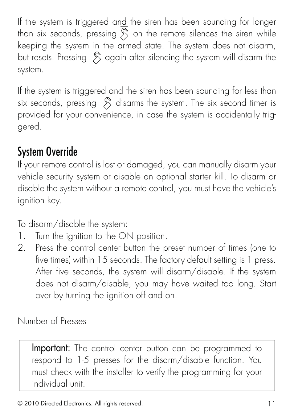 System override, Important | Directed Electronics SMARTSTART 5000 User Manual | Page 15 / 36