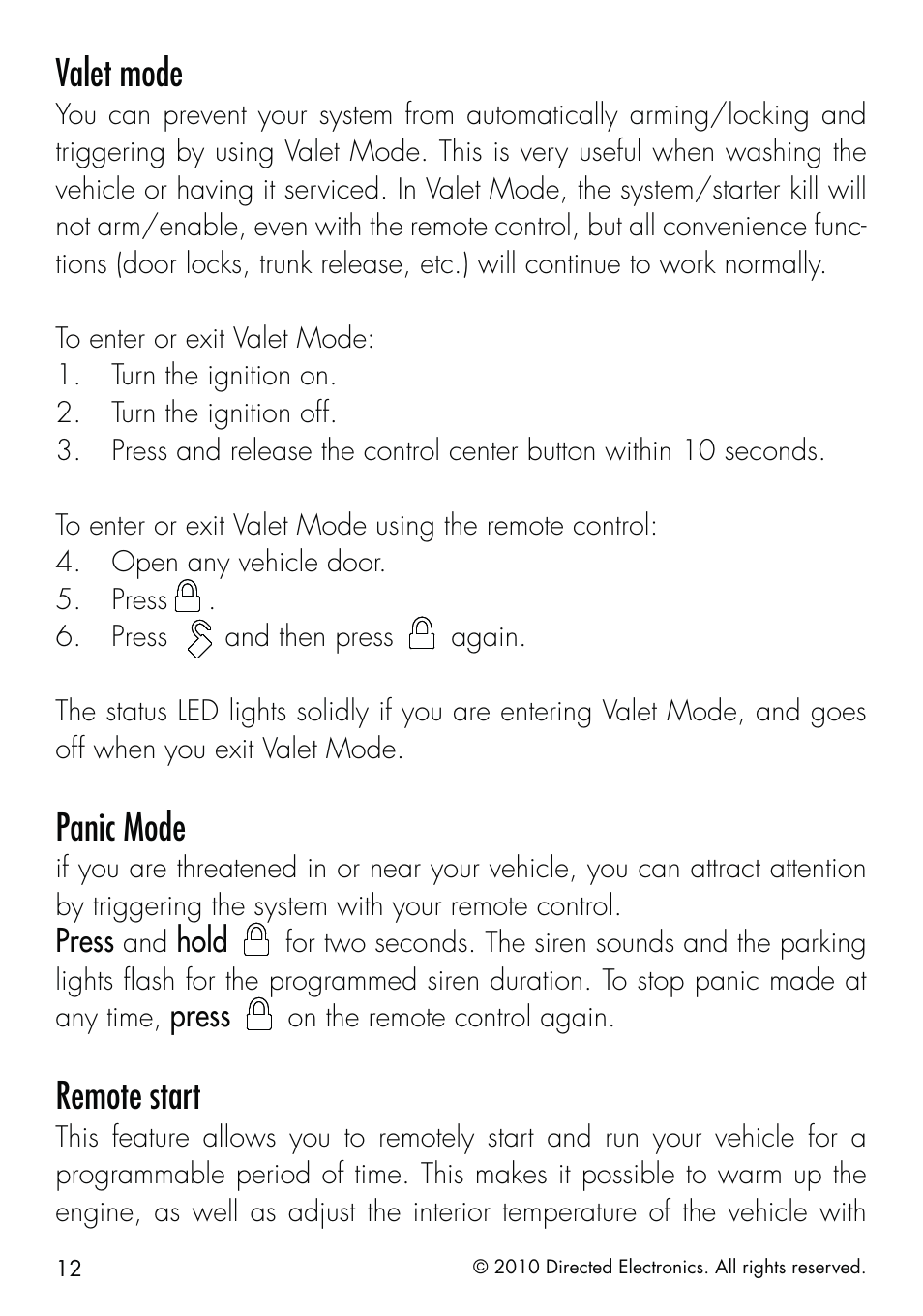 Valet mode, Panic mode, Remote start | Directed Electronics SMARTSTART 5000 User Manual | Page 16 / 36