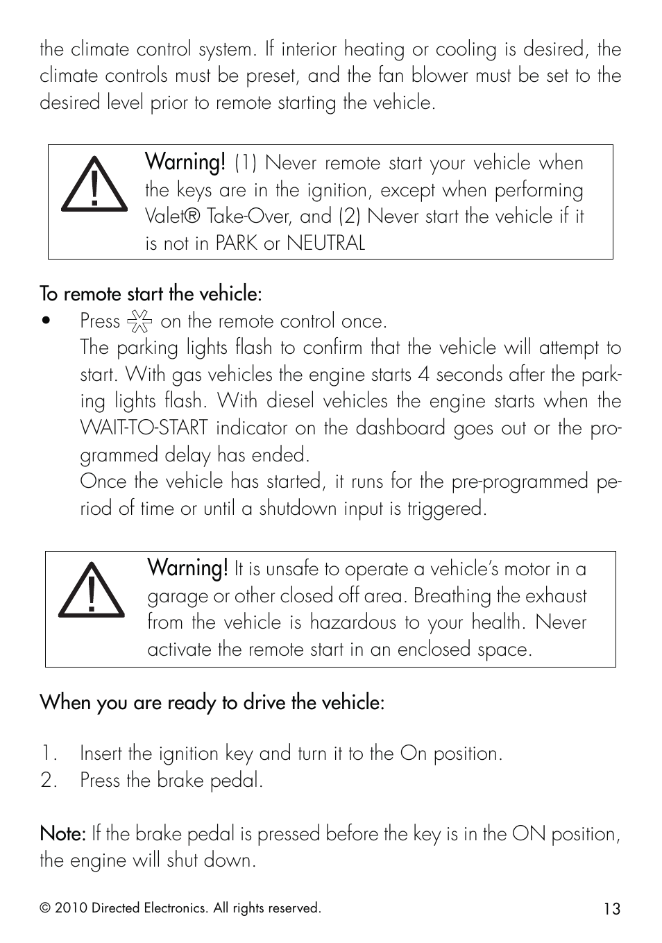 Warning | Directed Electronics SMARTSTART 5000 User Manual | Page 17 / 36