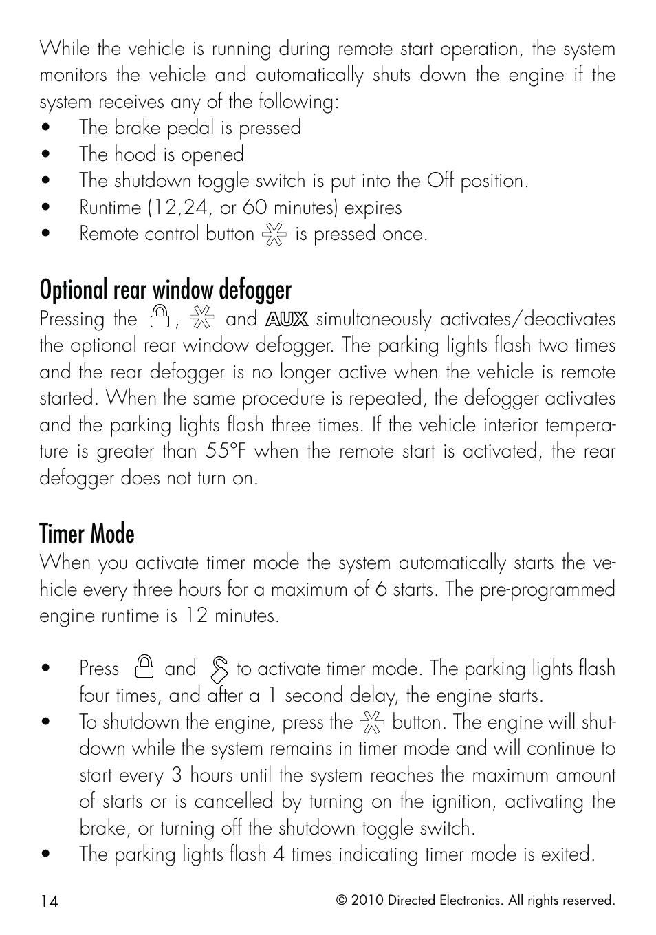 Optional rear window defogger, Timer mode | Directed Electronics SMARTSTART 5000 User Manual | Page 18 / 36