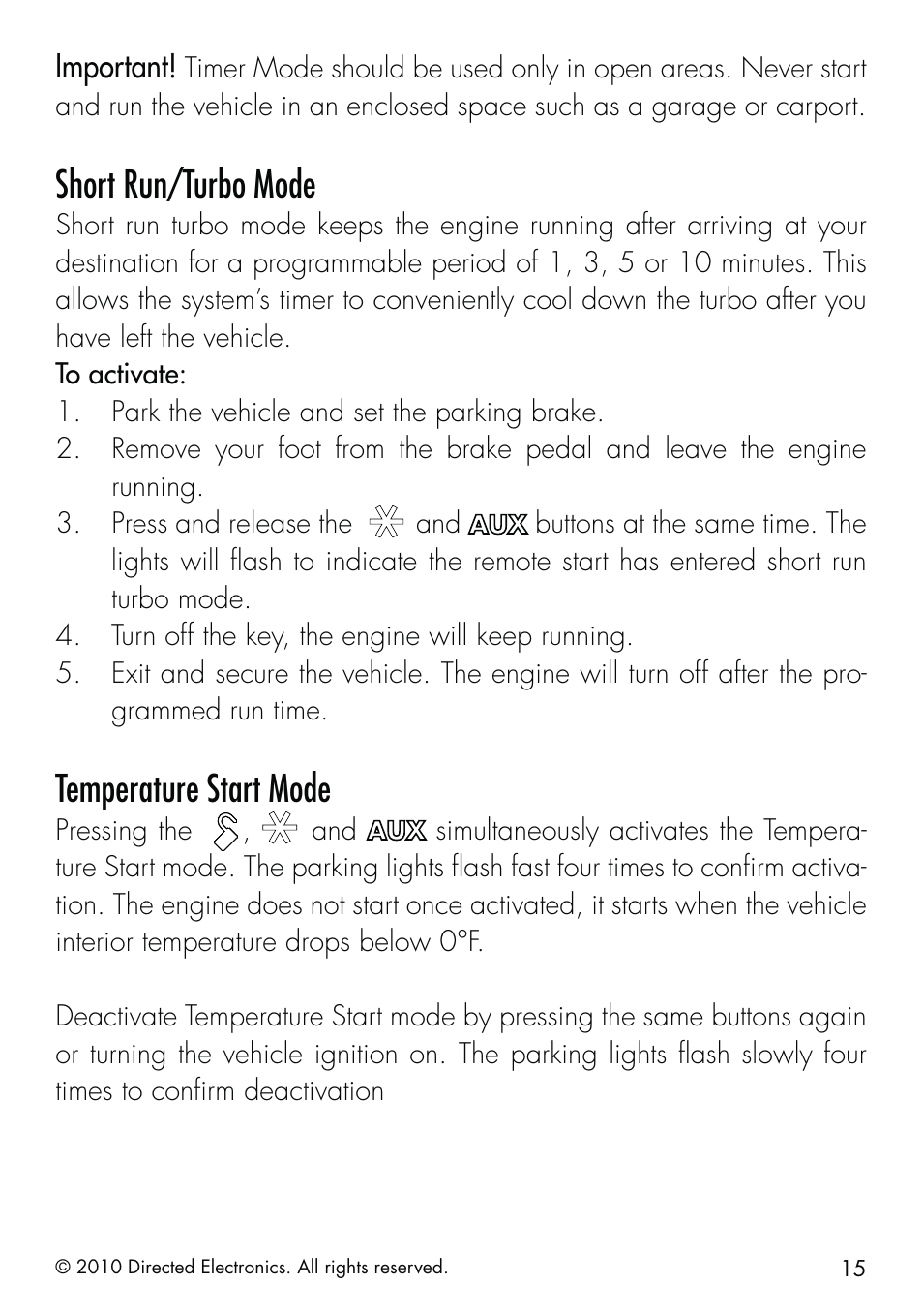 Short run/turbo mode, Temperature start mode, Important | Directed Electronics SMARTSTART 5000 User Manual | Page 19 / 36