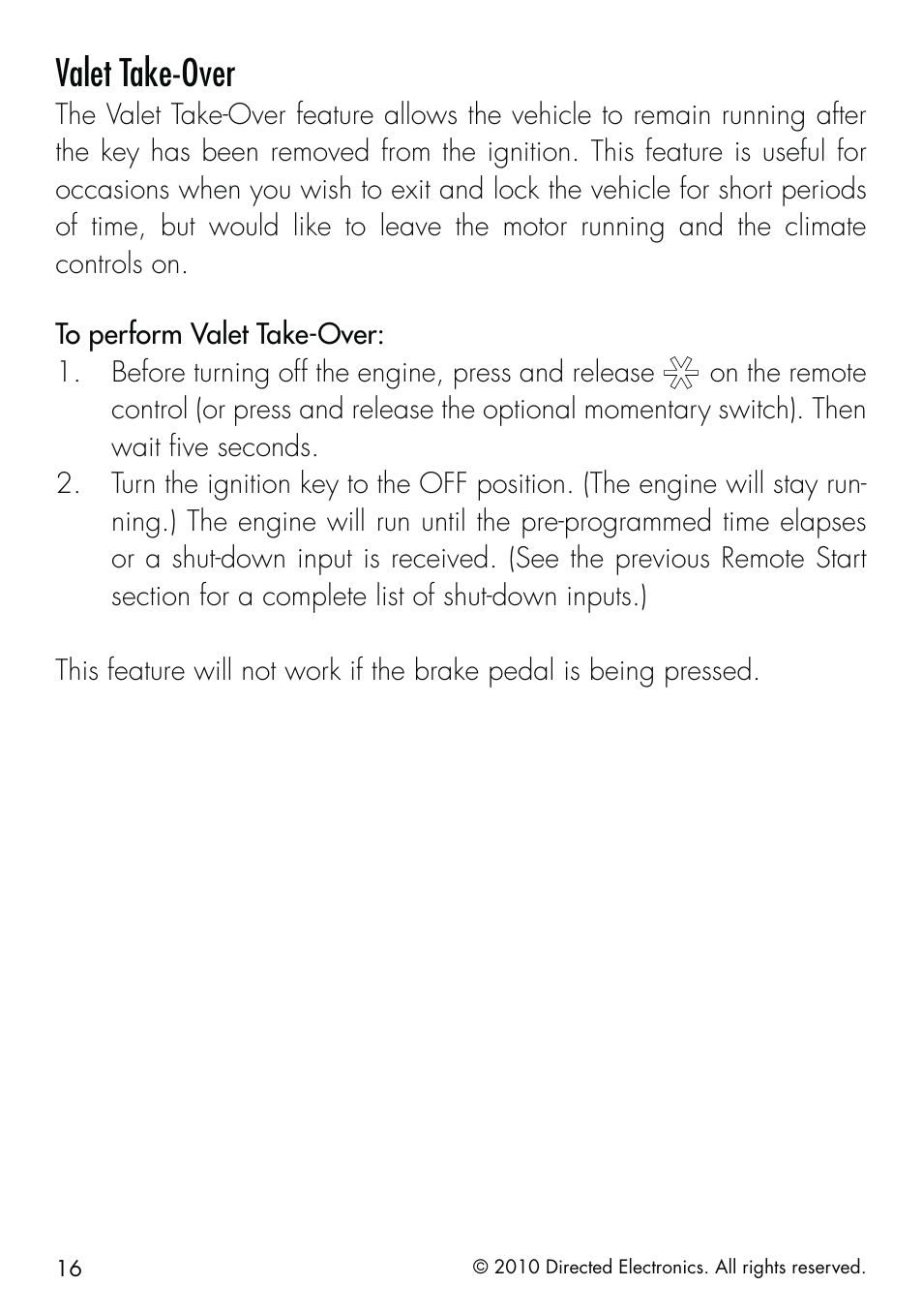 Valet take-over | Directed Electronics SMARTSTART 5000 User Manual | Page 20 / 36